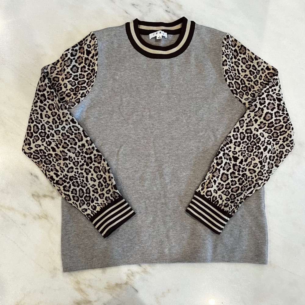 THML Gray Crewneck Sweater with Leopard Print Sleeves and Striped Trim